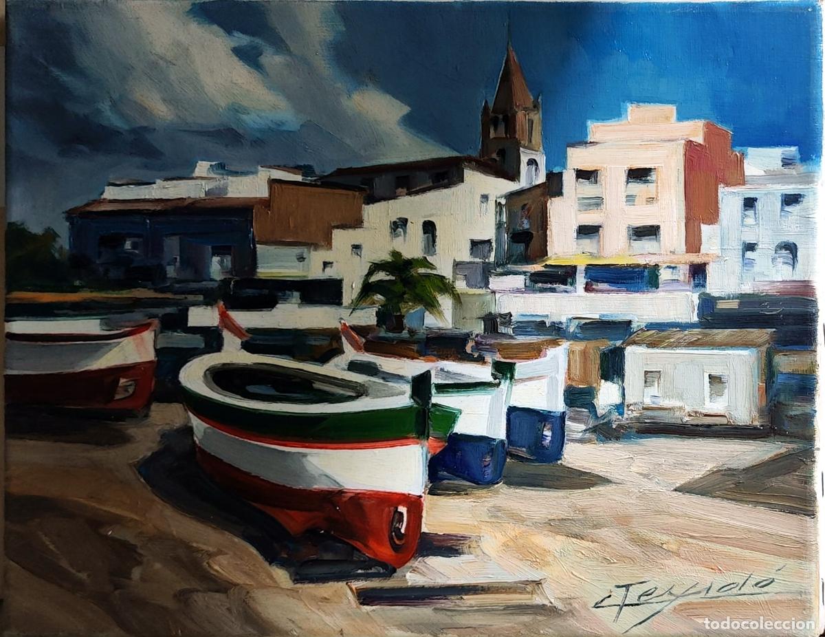 Arte: &Oacute;leo de Gaiet&agrave; Teixid&oacute;. Barcas en puerto y edificios. 35 x 27 cm