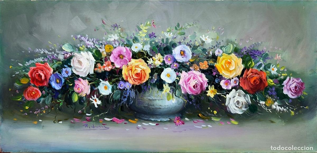 Arte: &Oacute;leo sobre lienzo. Naturaleza muerta de flores. 62 x 30 cm