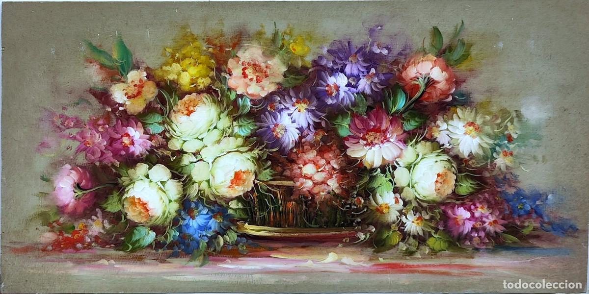 Arte: &Oacute;leo sobre tabla. Ramo de flores variadas. An&oacute;nimo. 60x30 cm