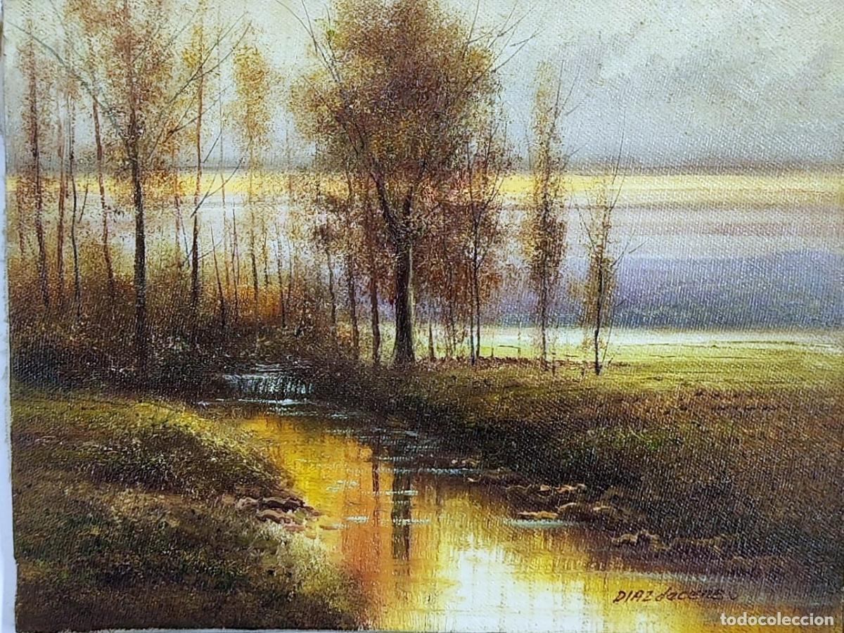 Arte: &Oacute;leo sobre lienzo. Paisaje fluvial. Firmado D&iacute;az de Cereo. 24x18 cm