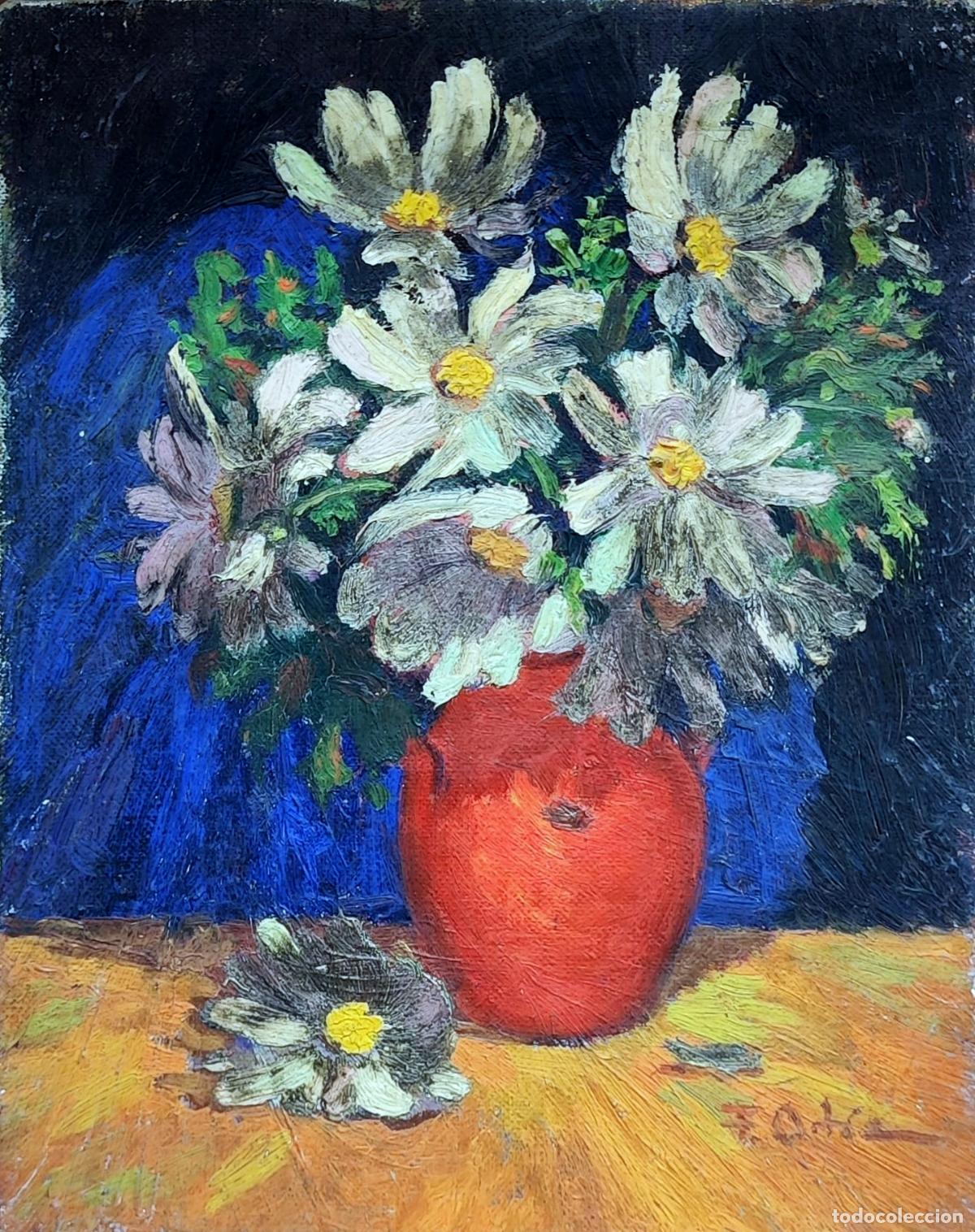 Arte: &Oacute;leo sobre tabla. Naturaleza muerta con flores. Firmado F Ortiz. 19x24 cm