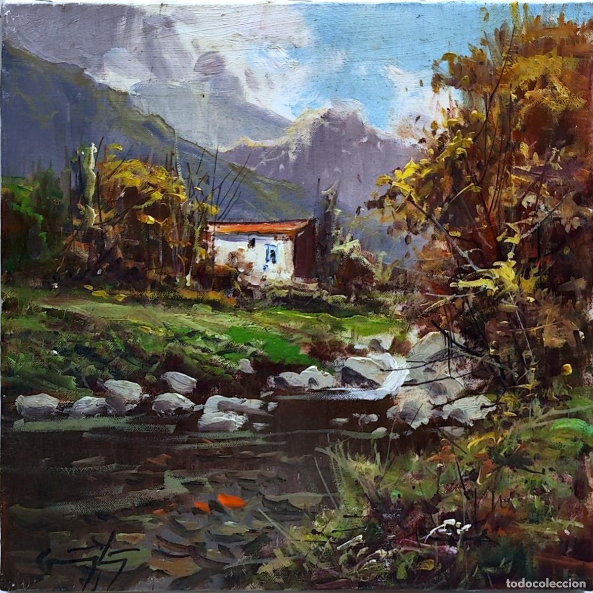 Arte: &Oacute;leo de Ricardo Soler Gonz&aacute;lez. Paisaje con casa y r&iacute;o. 20x20 cm.