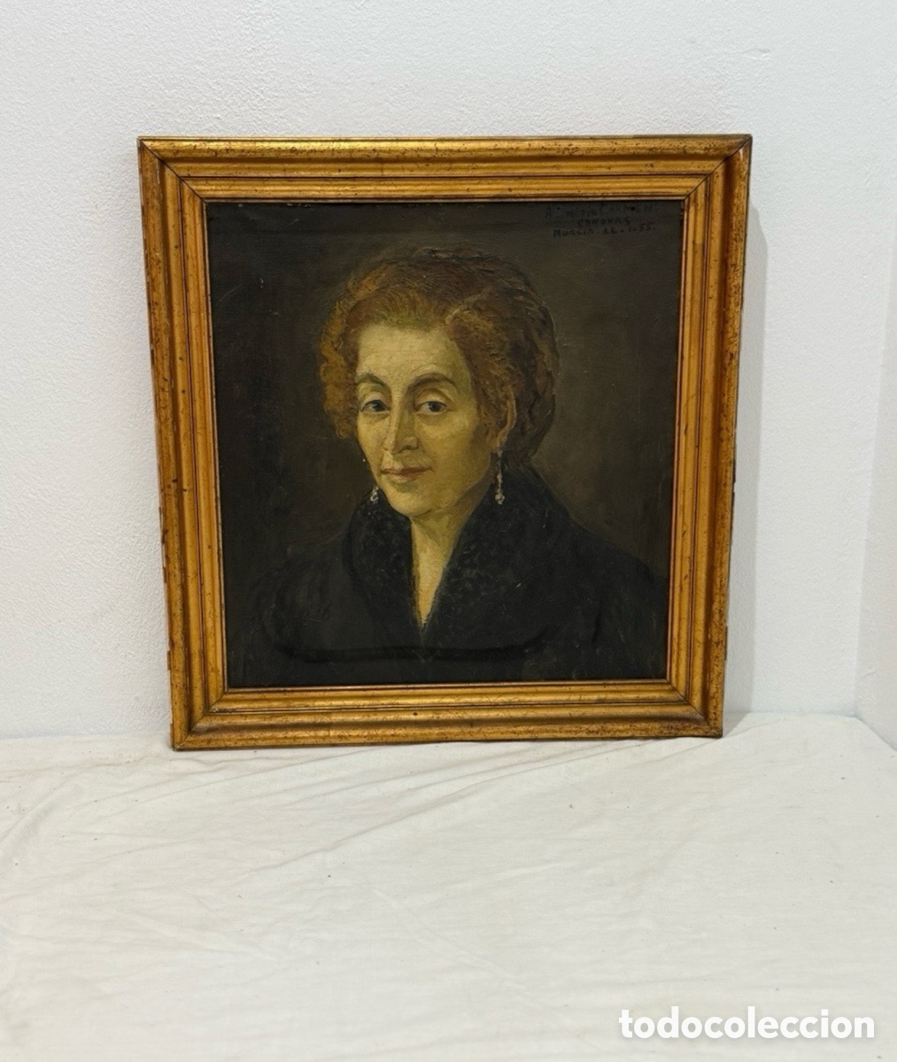 Arte: &Oacute;leo sobre lienzo retrato femenino J. C&aacute;novas Murcia 1955 Retrato de mi t&iacute;a Carmen marco antiguo.