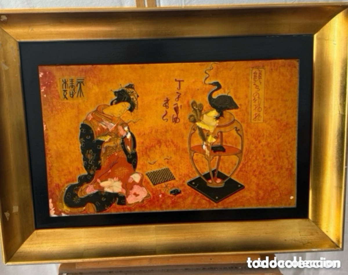 Arte: &Oacute;leo sobre tablex oriental firmado geisha y grulla firmado.