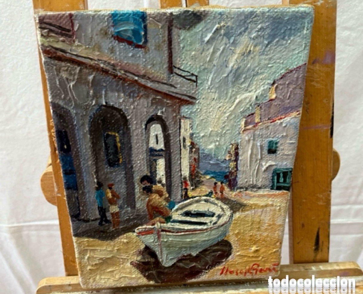 Arte: Joan Josep Gar&iacute; (1922) - Puerto mediterr&aacute;neo con barca. Lienzo firmado. Pintura Catalina.