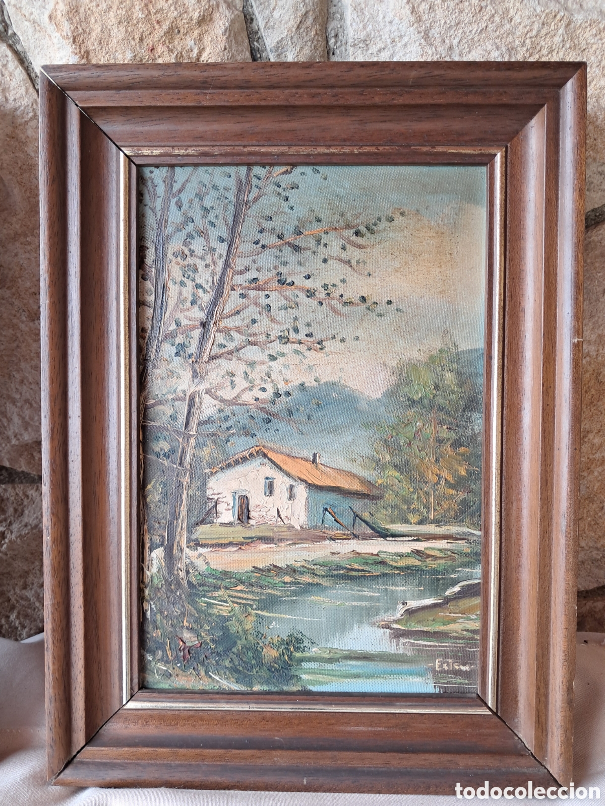 Arte: Cuadro al &oacute;leo original de 1984 - Paisaje rural vintage Esteve