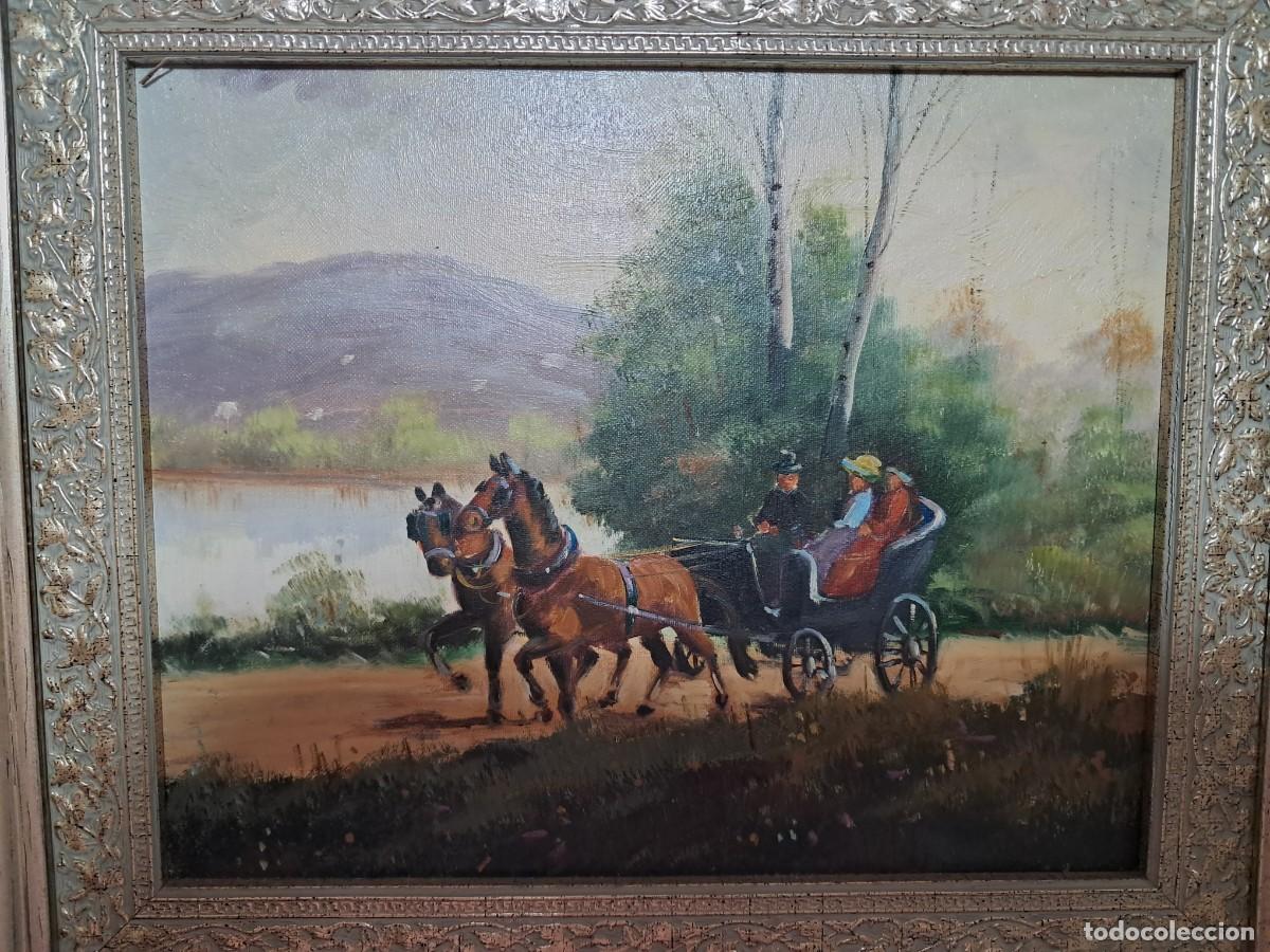 Arte: &Oacute;LEO SOBRE LIENZO FIRMADO VERD&Uacute; &ndash; CARRUAJE CON CABALLOS &ndash; PAISAJE &ndash; MARCO DECORATIVO
