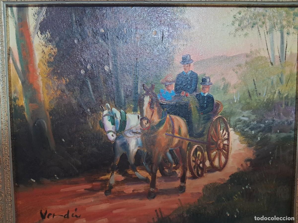 Arte: &Oacute;LEO SOBRE LIENZO FIRMADO VERD&Uacute; &ndash; CARRUAJE CON CABALLOS &ndash; PAISAJE RURAL &ndash; MARCO