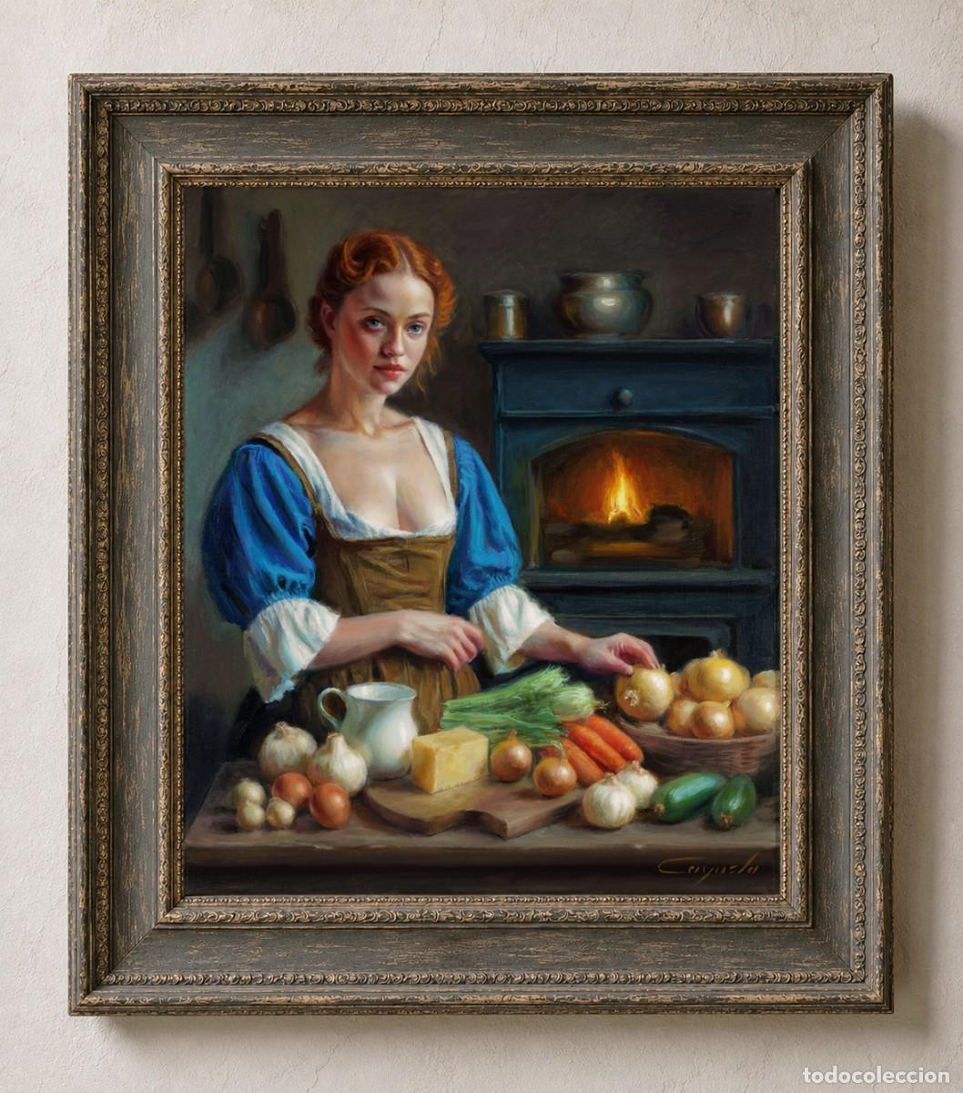 Arte: PREPARANDO EL FESTIN. A. CAYUELA. OLEO ORIGINAL SOBRE LIENZO 55X46 CM