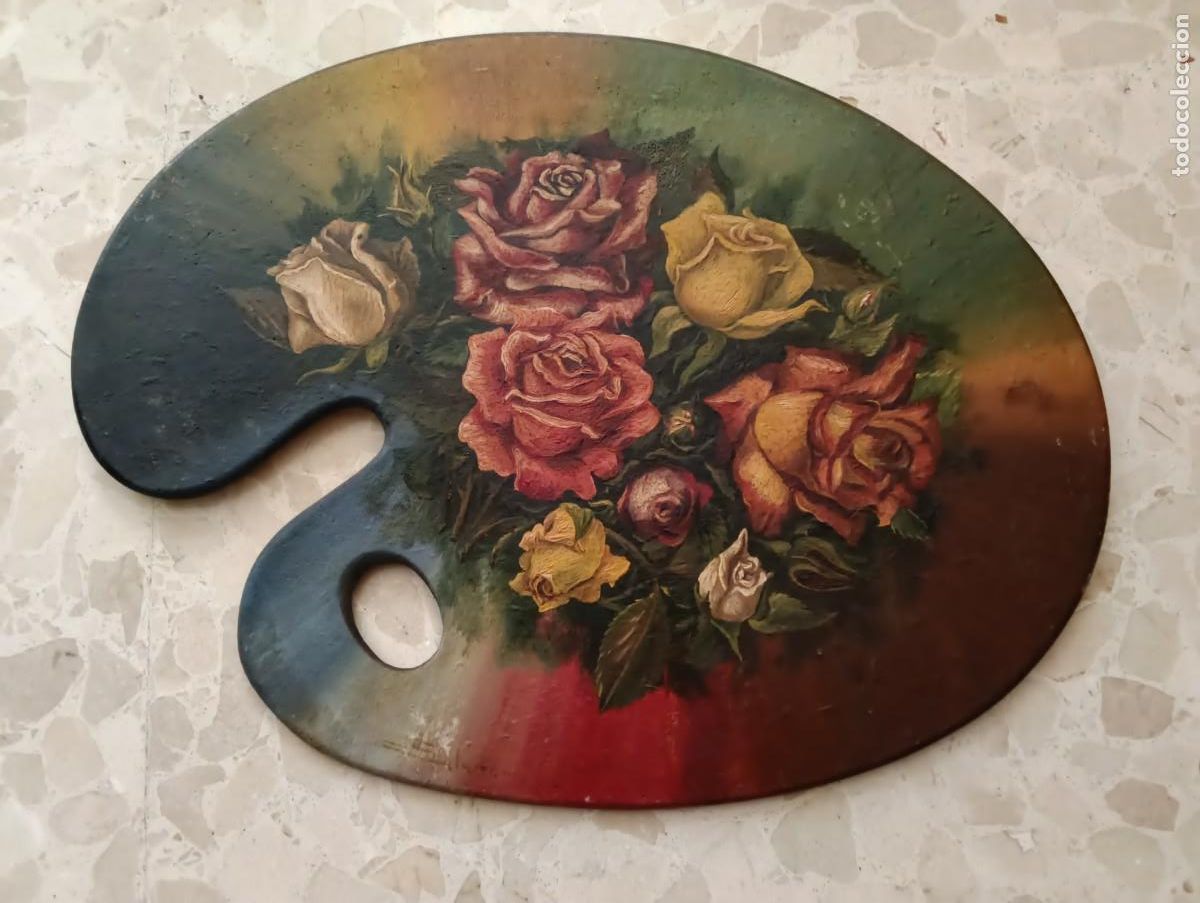 Arte: PRECIOSO BODEGON FLORAL AL OLEO SOBRE TABLA EN FORMA DE PALETA DE PINTOR - CARLES SALAFRANCA