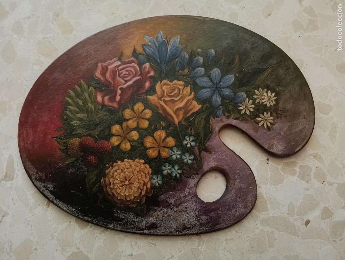 Arte: PRECIOSO BODEGON FLORAL AL OLEO SOBRE TABLA EN FORMA DE PALETA DE PINTOR - CARLES SALAFRANCA