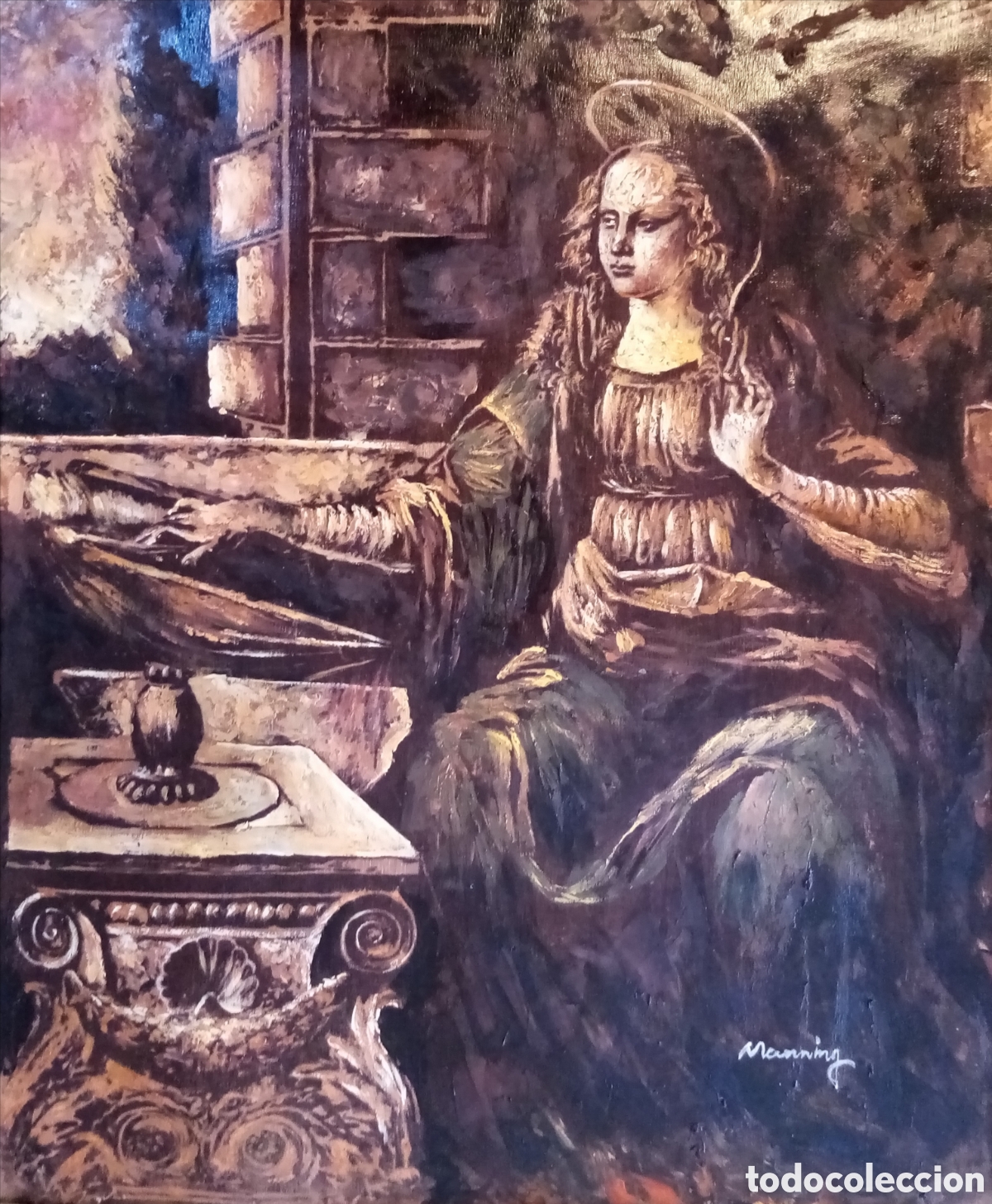Arte: PINTURA ORIGINAL OLEO SOBRE LIENZO LA ANUNCIACION VIRGEN MARIA FIRMADO - MANNING - 50x60 CTMS