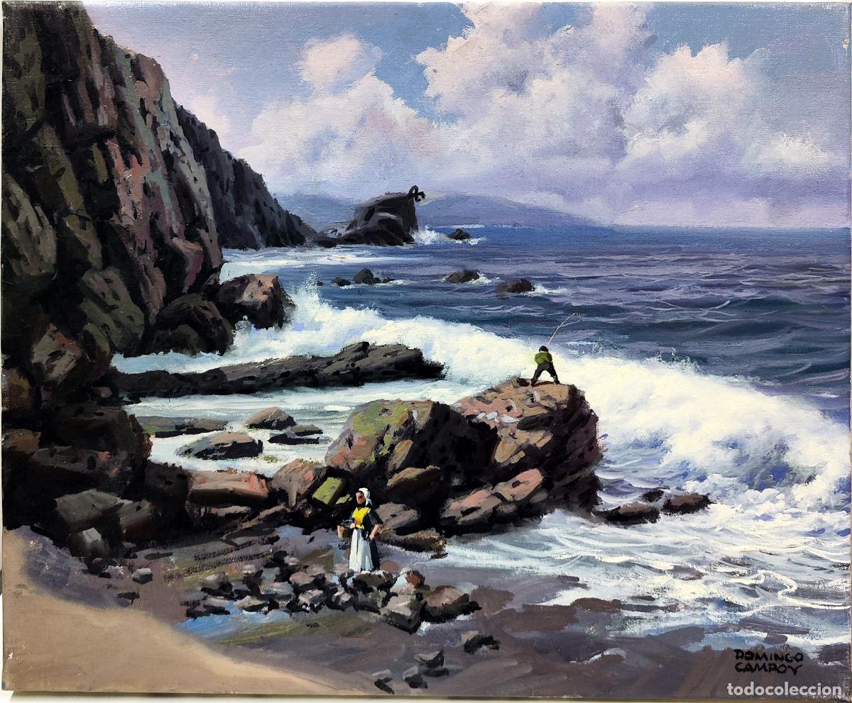Arte: &Oacute;leo de Domingo Campoy. Paisaje marino y pescador. 46 x 38 cm