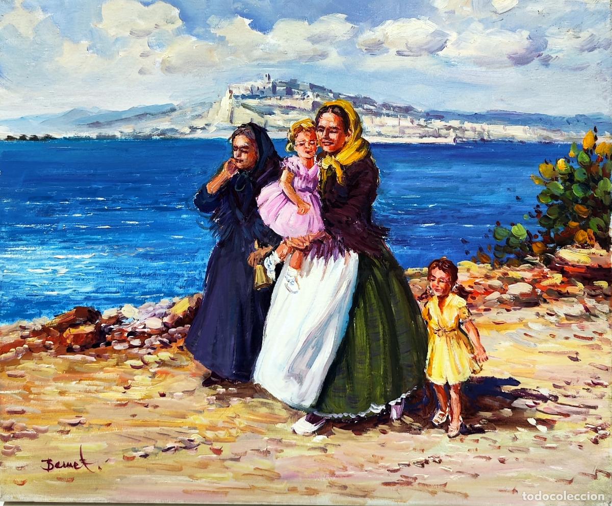 Arte: &Oacute;leo de Bernet. Paisaje mar&iacute;timo con figuras. 46 x 38 cm