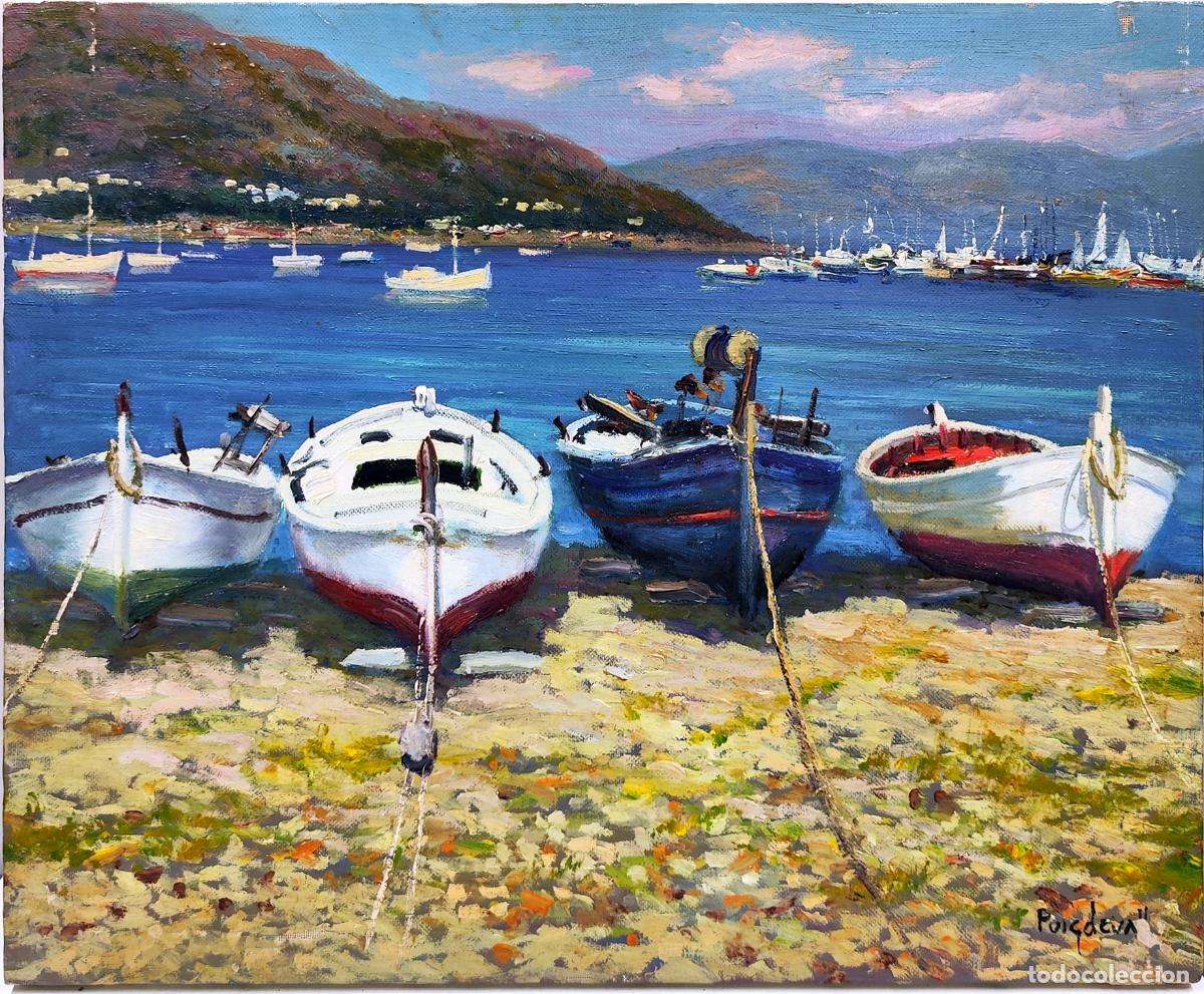 Arte: &Oacute;leo de PuigdeVall. Barcos en la playa. 46 x 38 cm