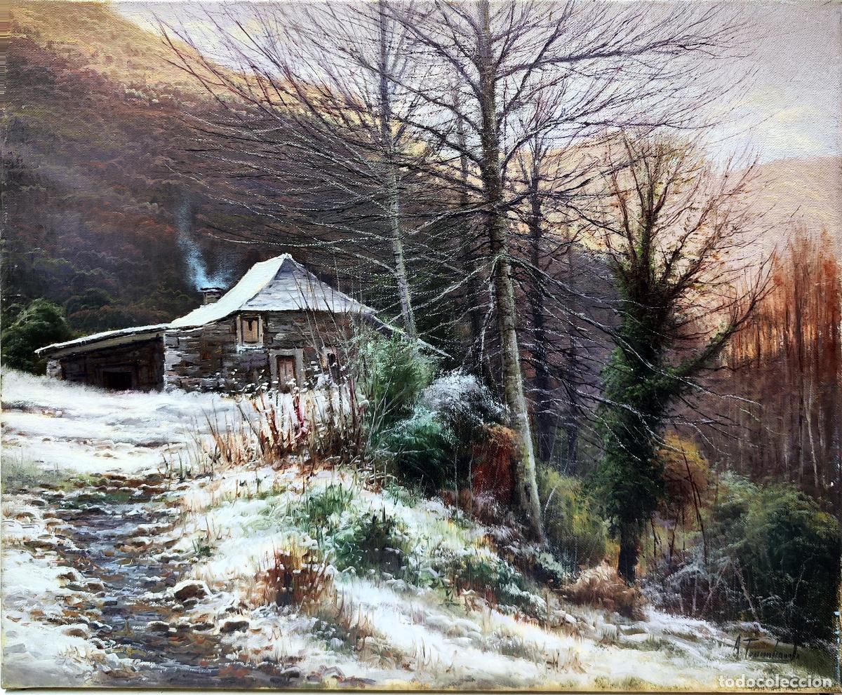 Arte: &Oacute;leo de Amado Torres Echandi. Paisaje invernal con caba&ntilde;a. 46 x 38 cm