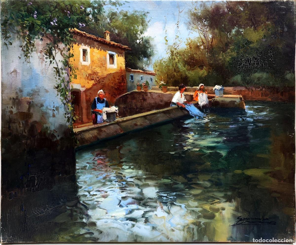 Arte: &Oacute;leo sobre lienzo. Lavanderas en el r&iacute;o. Salvador Caballero. 46x38