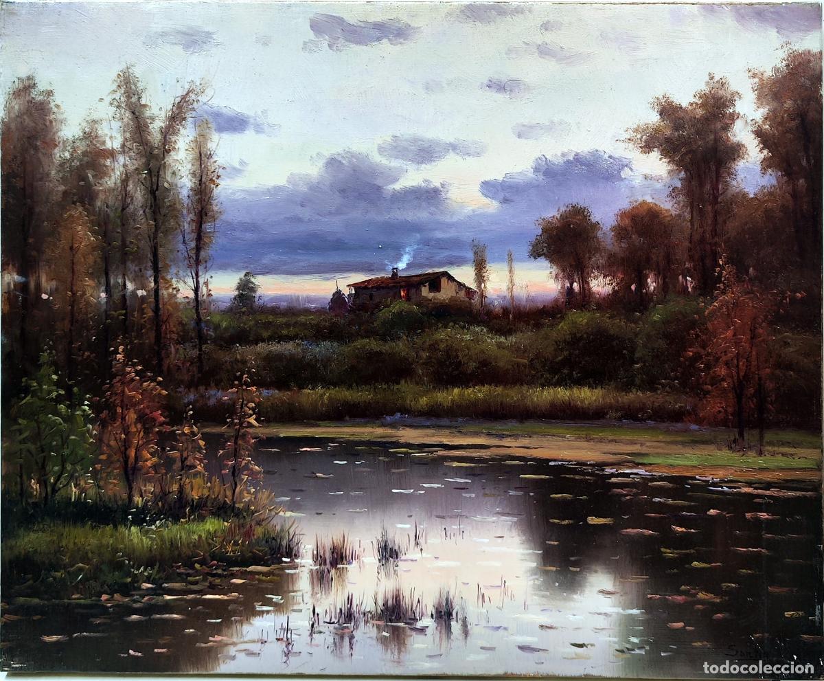 Arte: &Oacute;leo de Santin. Paisaje lacustre con caba&ntilde;a. 46 x 38 cm