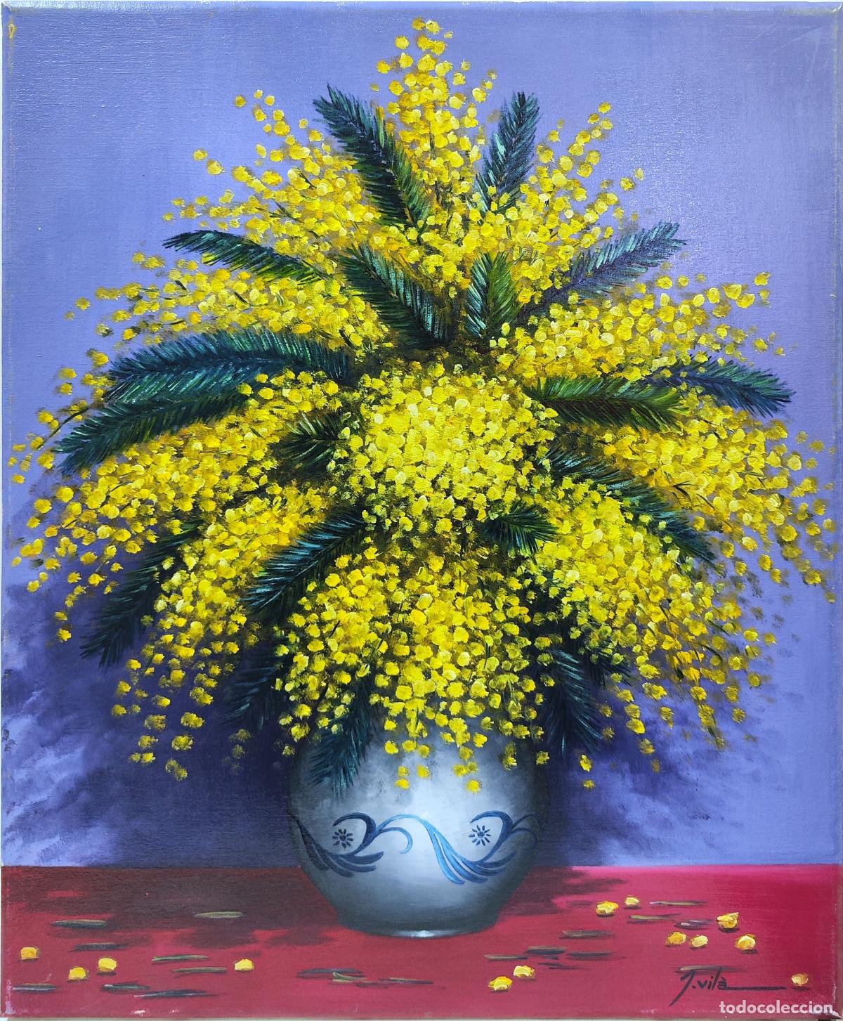 Arte: &Oacute;leo de J Vila. Ramo de mimosa en jarr&oacute;n. 38 x 46 cm