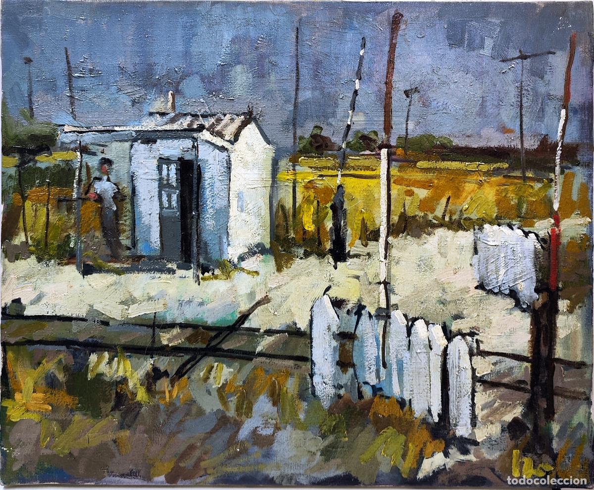 Arte: &Oacute;leo sobre lienzo. Paisaje rural con casa y ropa tendida. 46x38cm