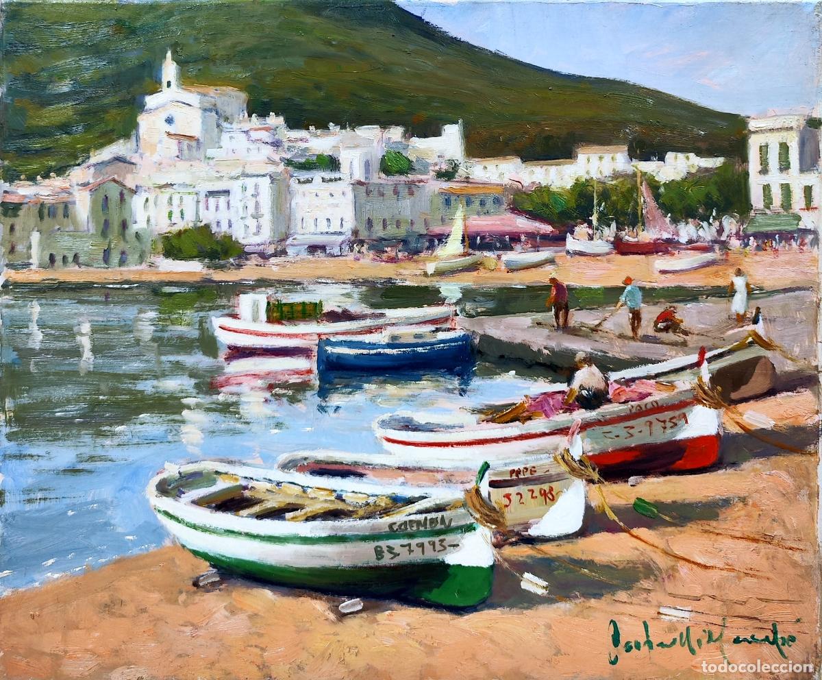 Arte: &Oacute;leo de Francesc Carbonell Massab&eacute;. Puerto con barcas. 46x38 cm