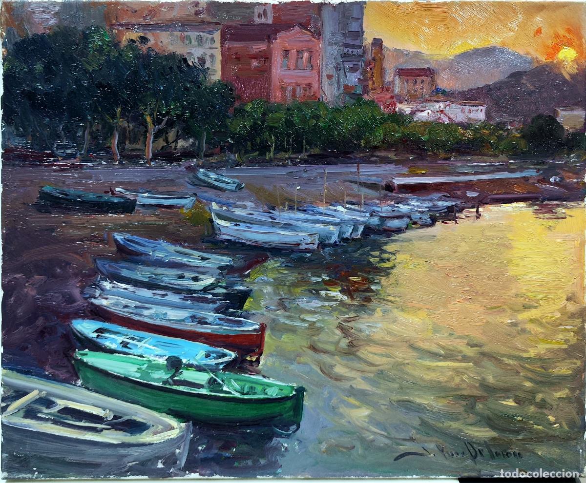 Arte: &Oacute;leo de J Ruiz de la Rosa. Barcos en el puerto al atardecer. 46 x 38 cm