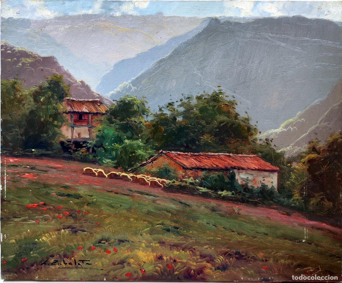 Arte: &Oacute;leo sobre tabla. Paisaje con caba&ntilde;as. L Zabaleta. 46 x 38 cm
