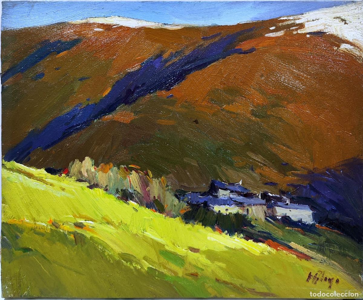 Arte: &Oacute;leo sobre lienzo. Paisaje de monta&ntilde;a. Obra firmada. 46 x 38 cm