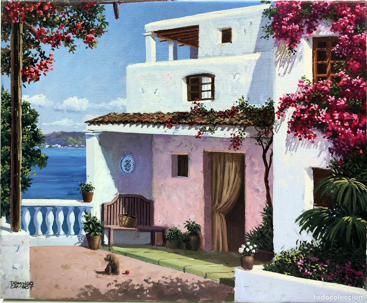 Arte: &Oacute;leo de Domingo Campoy. Patio mediterr&aacute;neo con mar. 46x38 cm
