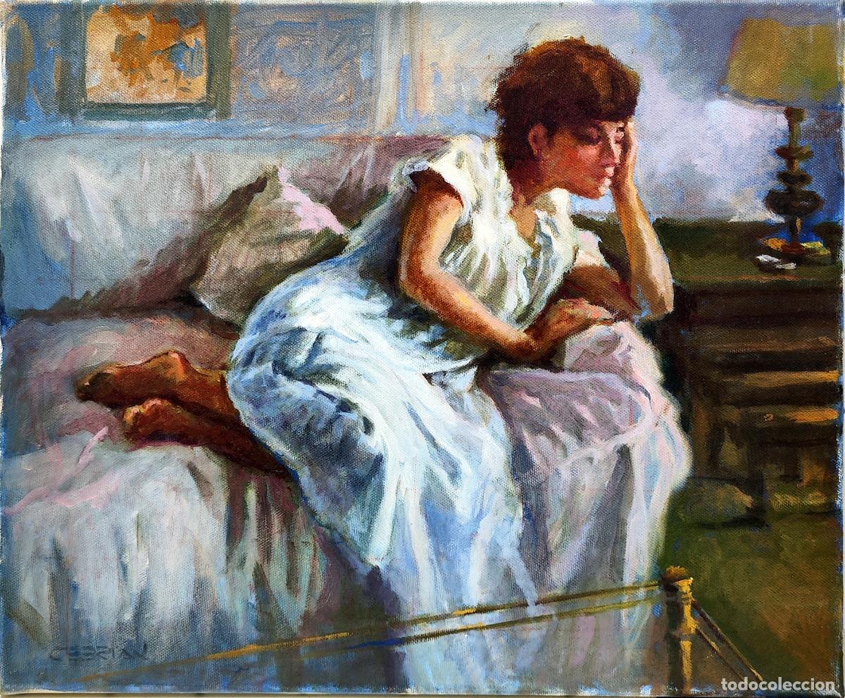 Arte: &Oacute;leo de Juan Ram&oacute;n Cebrian. Mujer en cama. 46x38 cm