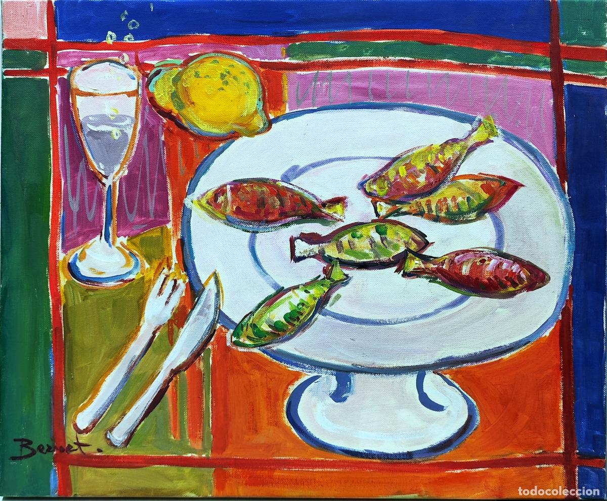Arte: &Oacute;leo de Bernet. Bodeg&oacute;n con sardinas y lim&oacute;n. 46 x 38 cm