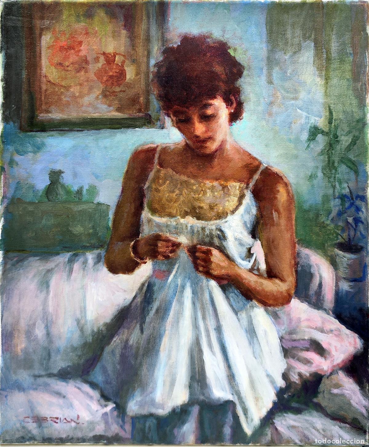Arte: &Oacute;leo de Juan Ram&oacute;n Cebrian. Retrato de mujer cosiendo. 38x46 cm