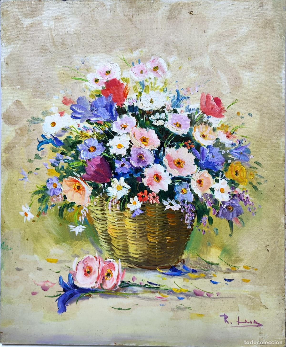 Arte: &Oacute;leo de Rafael Lara. Ramo de flores en cesta. 38x46 cm