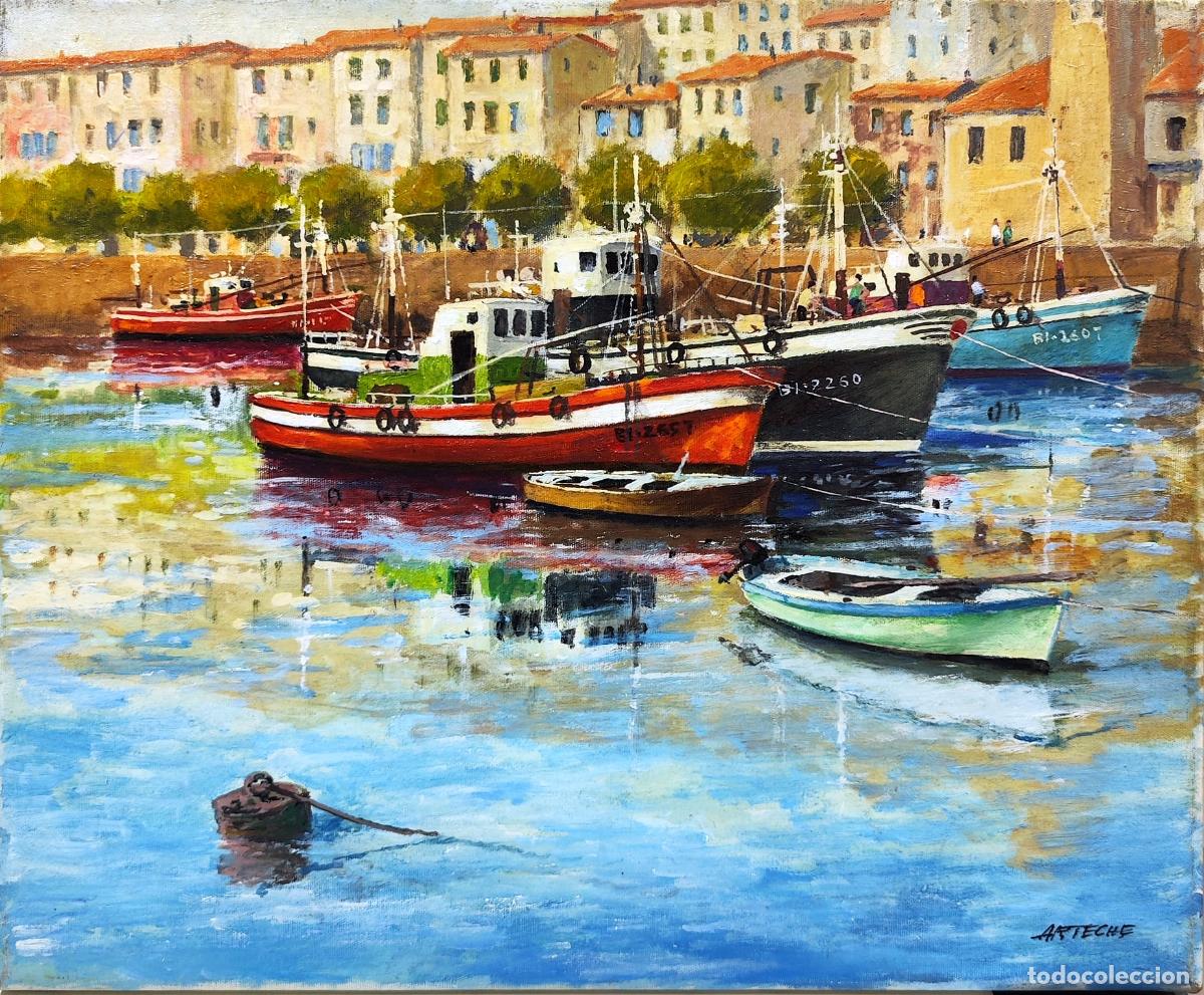 Arte: &Oacute;leo de Arteche. Barcos en puerto. 46 x 38 cm