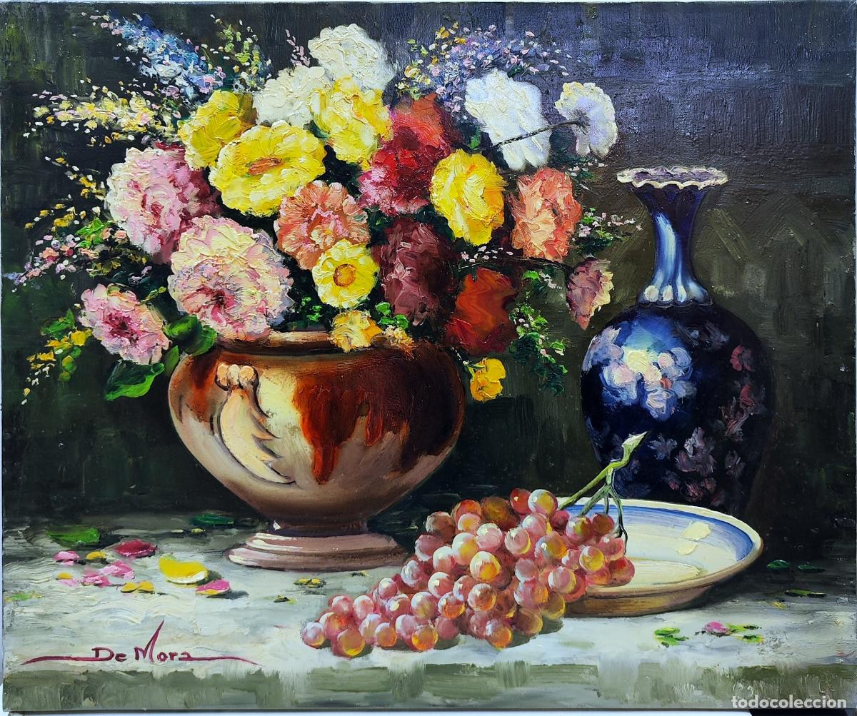 Arte: &Oacute;leo de Joaquim Sabater de Mora. Naturaleza muerta con flores y uvas. 55x46 cm