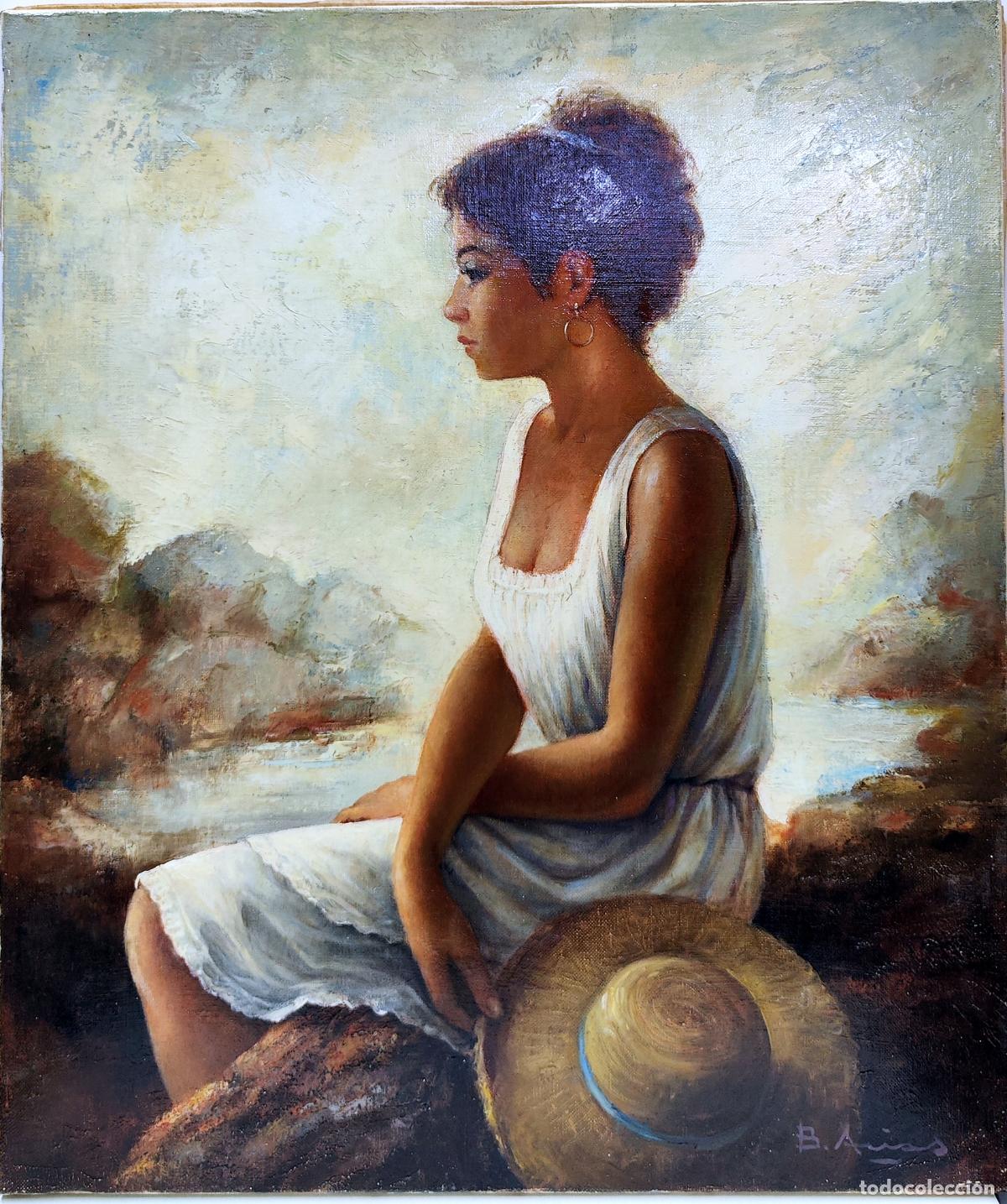 Arte: &Oacute;leo de Jorge Barriga Arias. Mujer sentada en paisaje. 46x55 cm