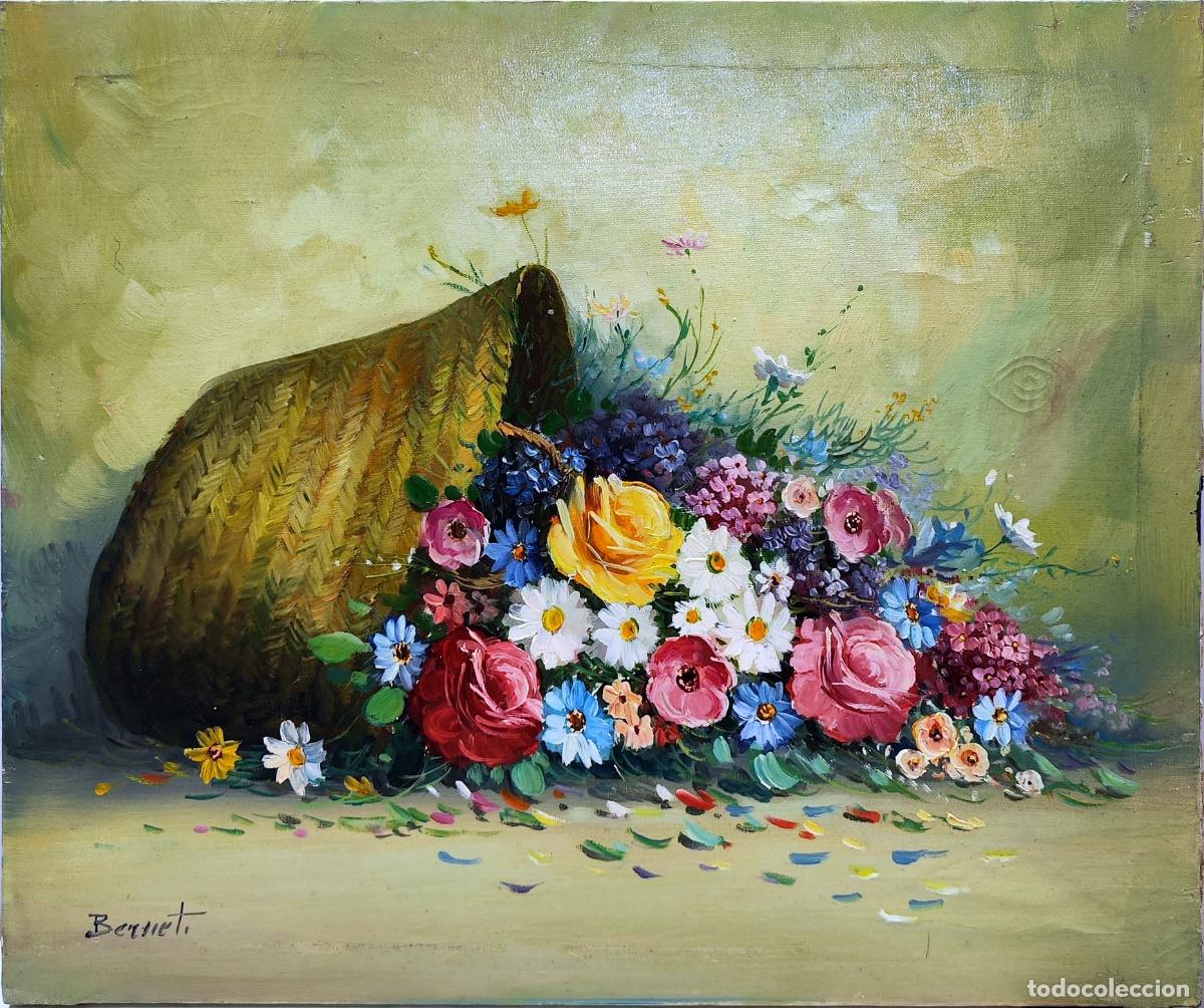 Arte: &Oacute;leo sobre lienzo. Naturaleza muerta de flores. Bernet. 55x46 cm
