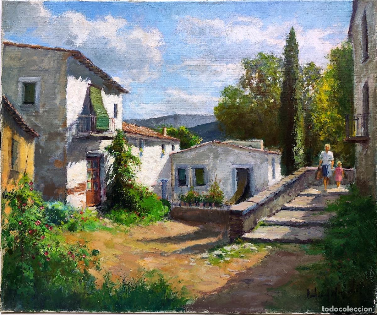 Arte: &Oacute;leo de Francesc Carbonell Massab&eacute;. Paisaje rural con figuras. 55x46 cm