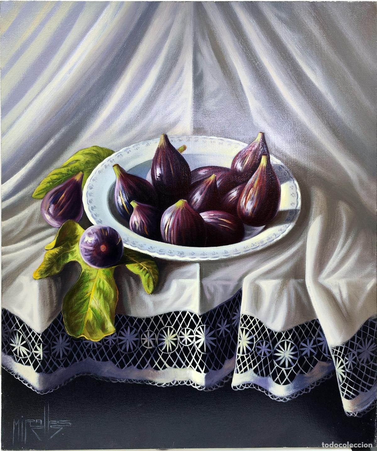Arte: &Oacute;leo de Miralles. Bodeg&oacute;n de higos sobre mantel. 46 x 55 cm