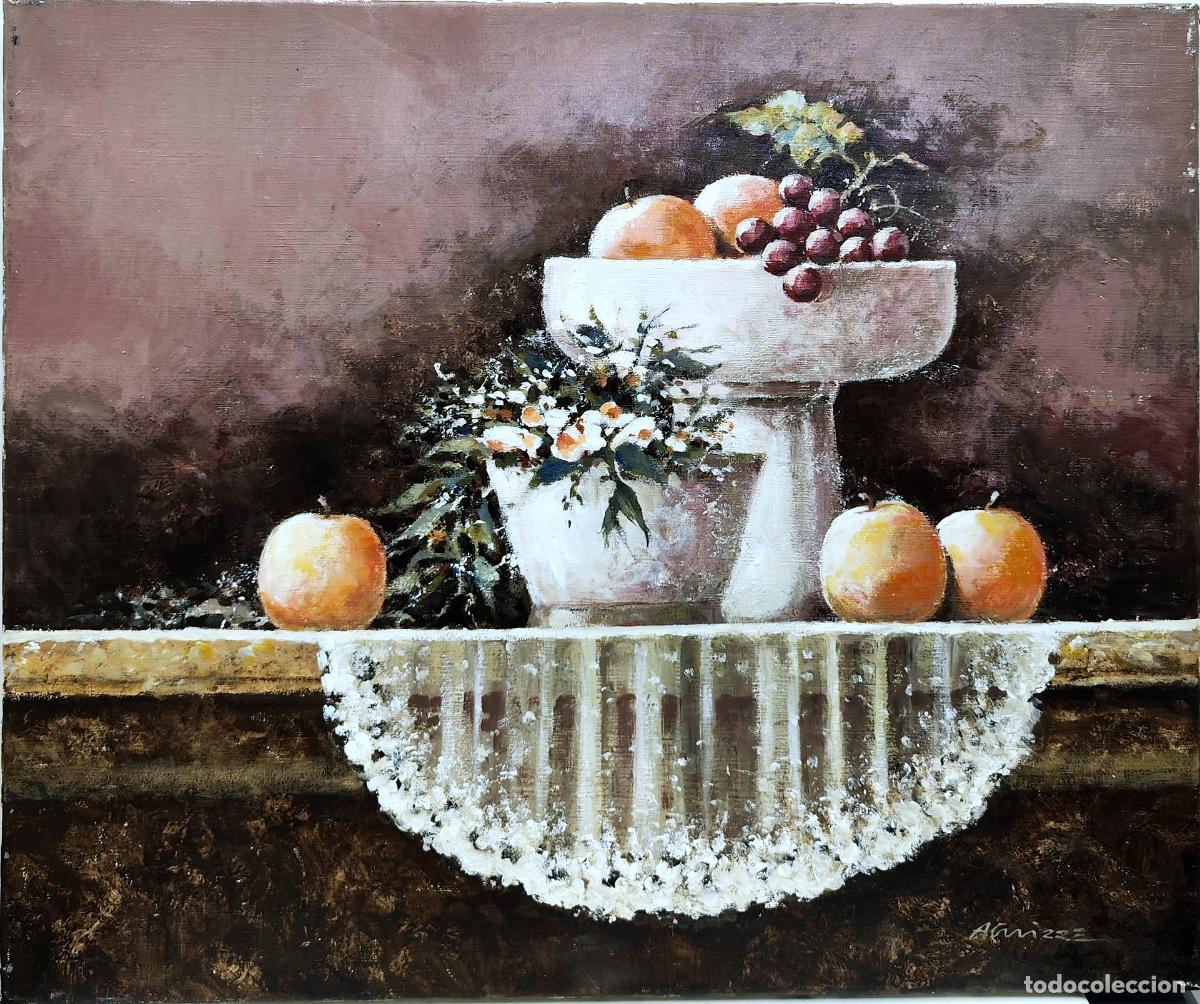 Arte: &Oacute;leo de Aguirre. Naturaleza muerta con frutas y fuente. 55 x 46 cm