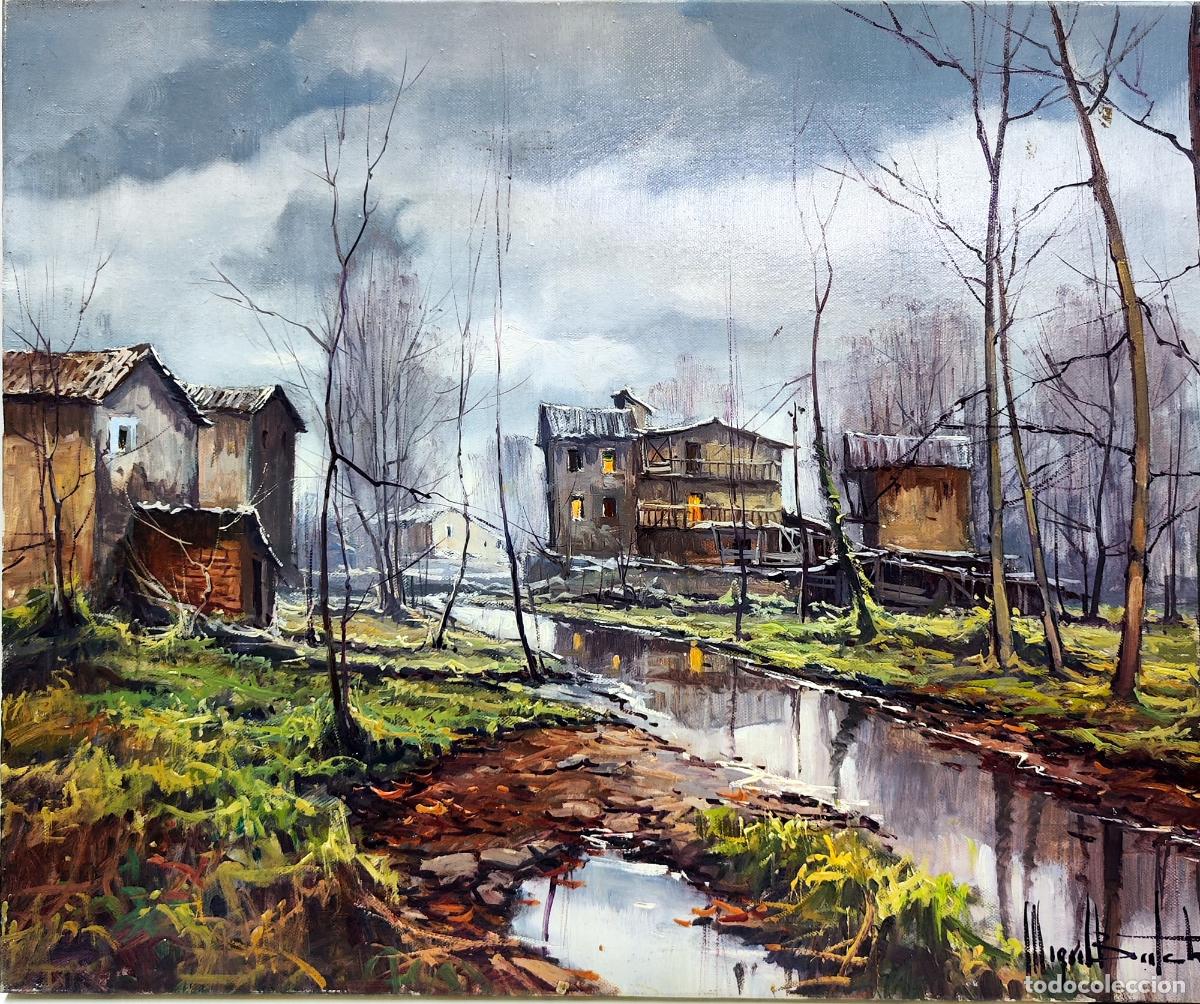 Arte: &Oacute;leo de Miguel Bretcha. Paisaje rural con r&iacute;o y casas. 55x46 cm