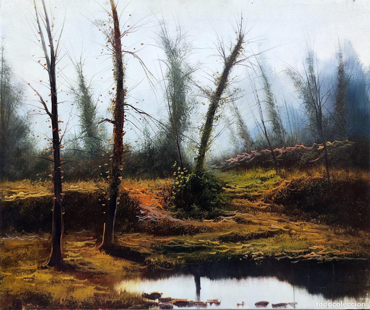 Arte: &Oacute;leo sobre lienzo. Paisaje de r&iacute;o y &aacute;rboles. Soldevila. 55x46