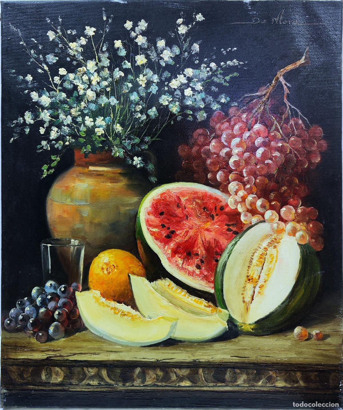 Arte: &Oacute;leo. Naturaleza muerta de frutas y flores. Joaquim Sabater de Mora. 46x55 cm