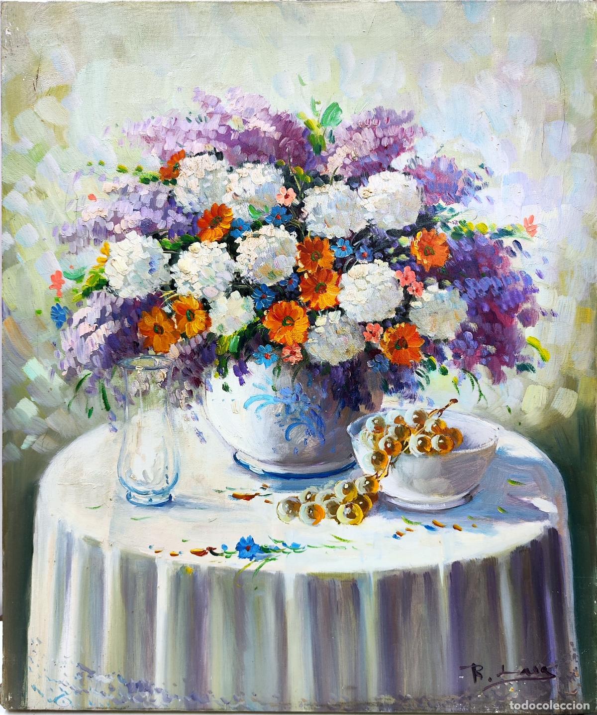 Arte: &Oacute;leo de Rafael Lara. Naturaleza muerta con flores. 46 x 55 cm