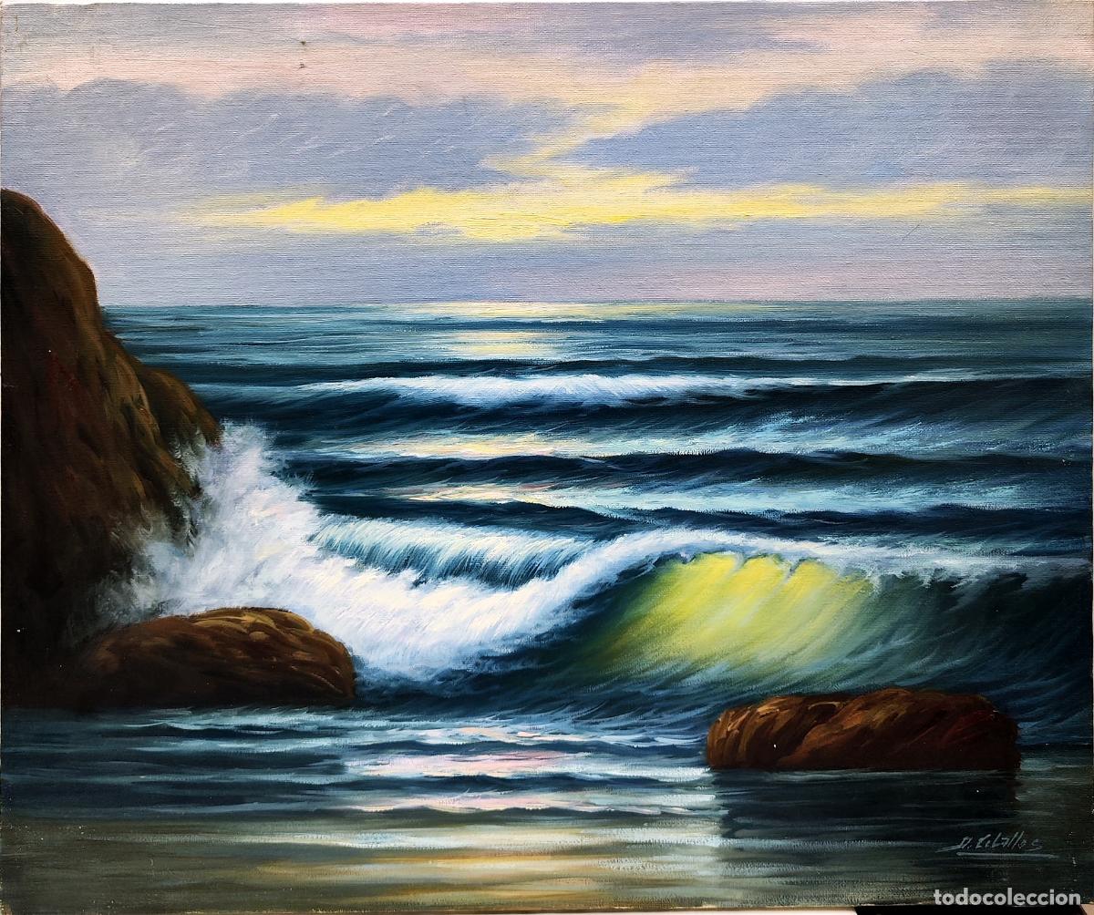 Arte: &Oacute;leo de Anselmo Ceballos. Paisaje marino con rocas. 55 x 46 cm