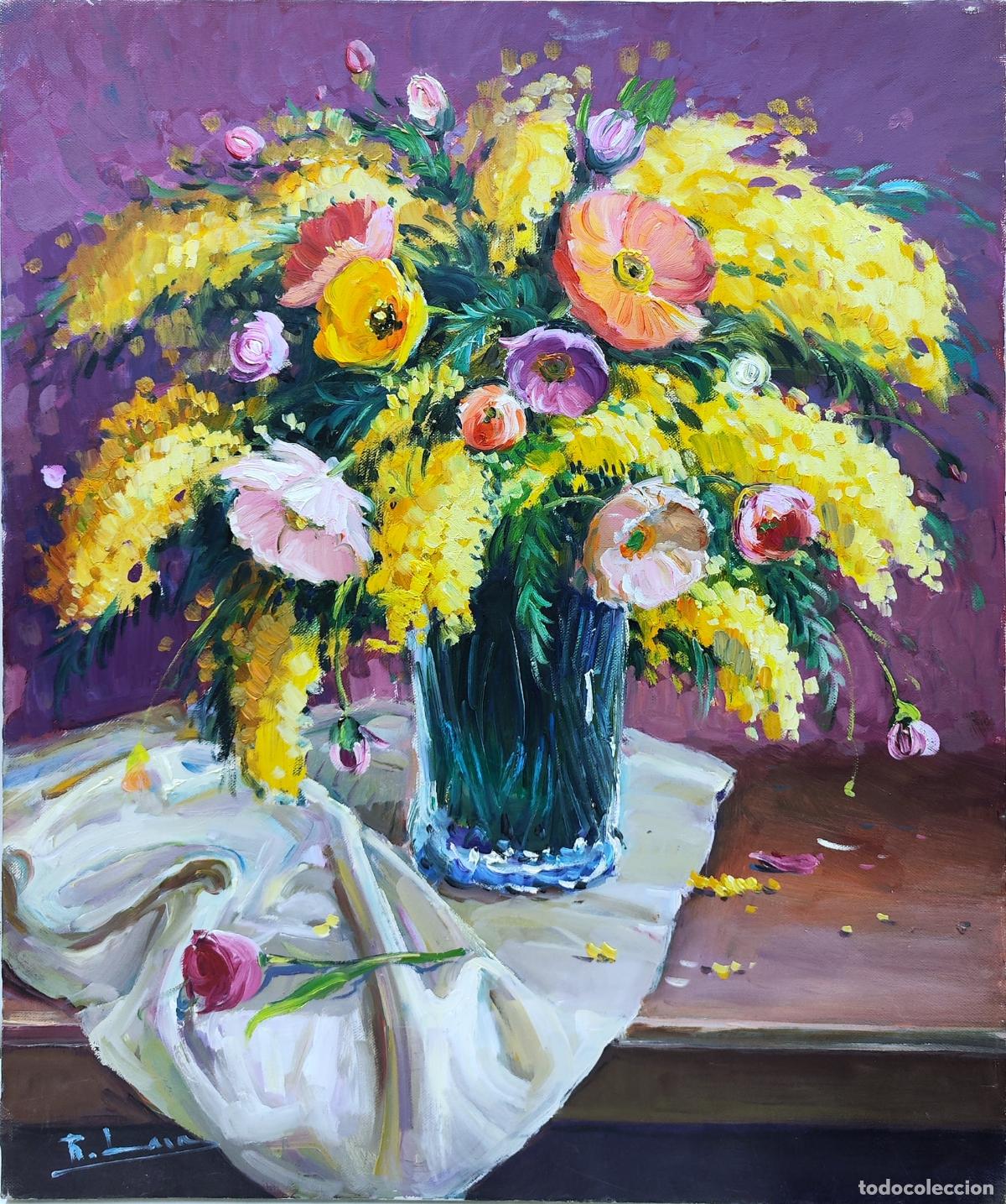 Arte: &Oacute;leo de Rafael Lara. Naturaleza muerta con flores. 46 x 55 cm