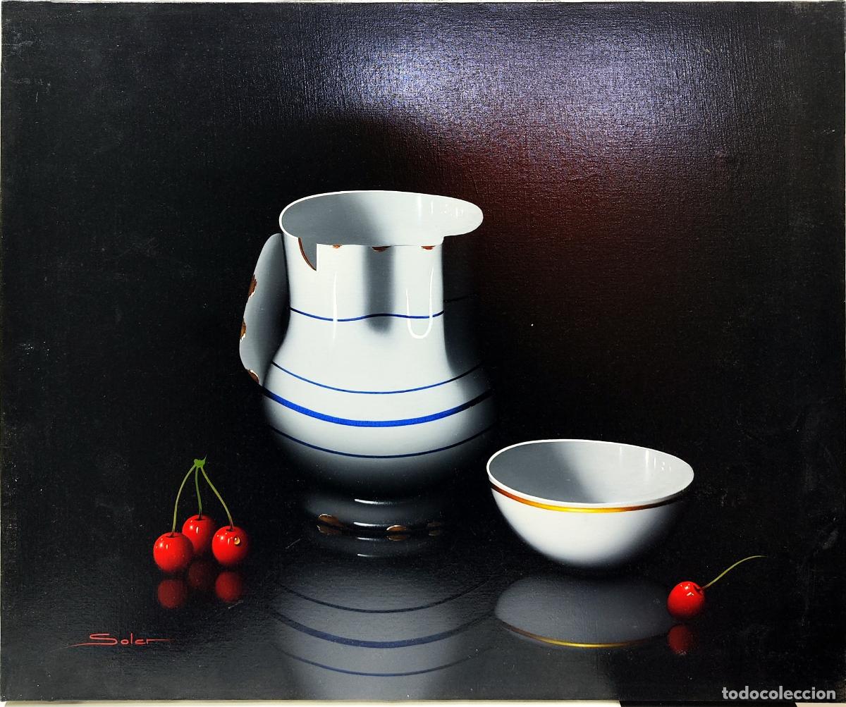 Arte: &Oacute;leo. Bodeg&oacute;n con jarra y cerezas. Soler. 55x46 cm