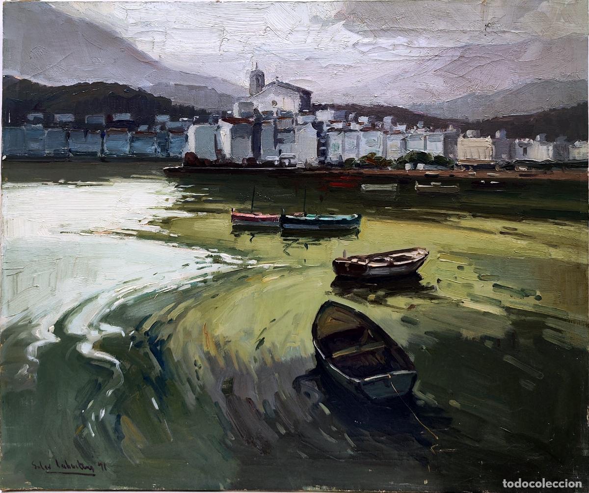 Arte: &Oacute;leo de Soler Cabestany. Paisaje mar&iacute;timo con barcas. 55x46 cm