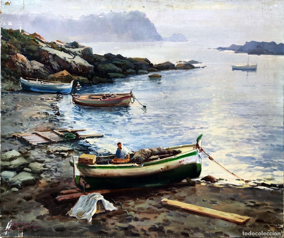 Arte: &Oacute;leo de Salvador Caballero. Paisaje marino con barcas. 55x46 cm