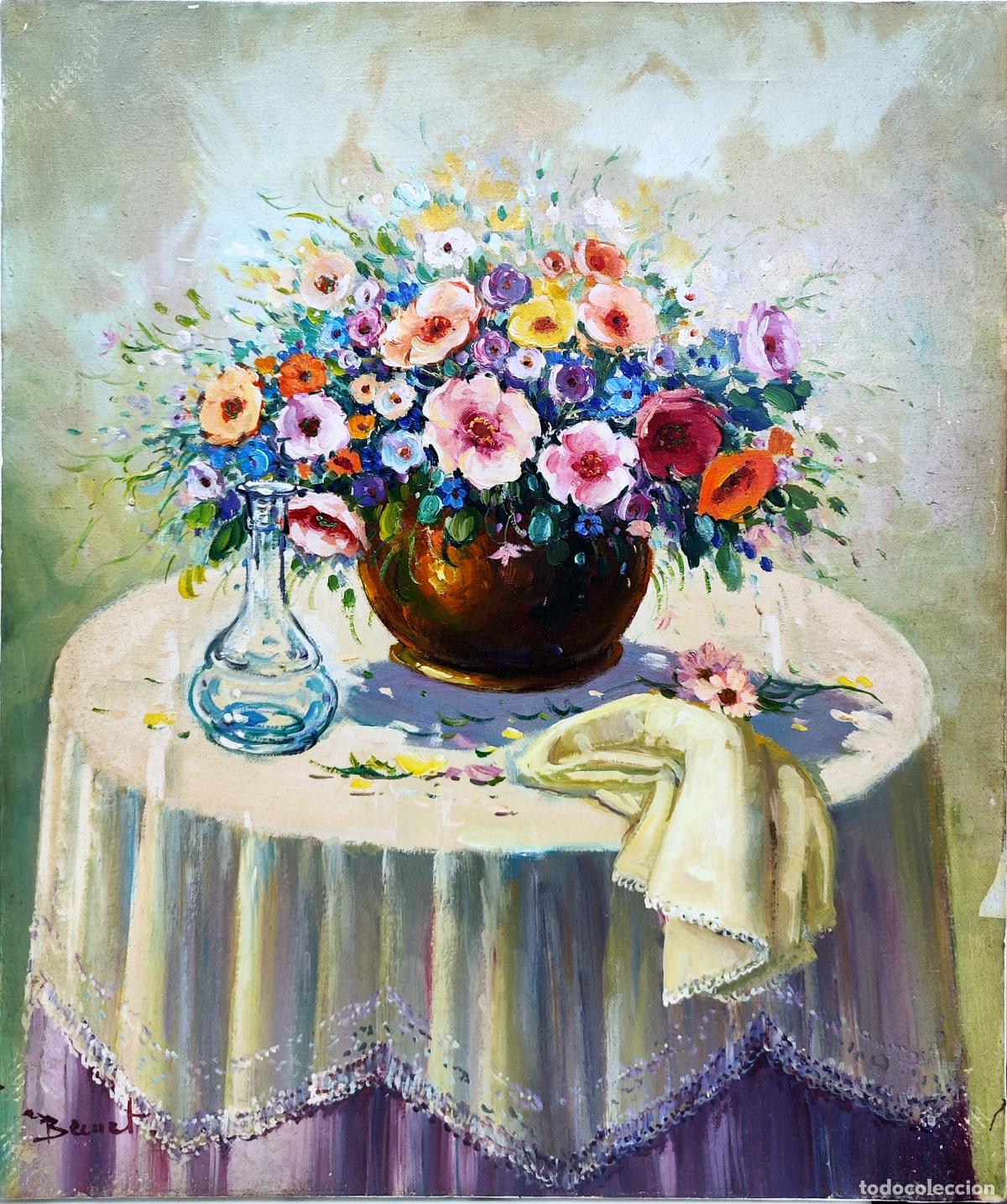 Arte: &Oacute;leo sobre lienzo. Naturaleza muerta de flores. Bernet. 46x55 cm